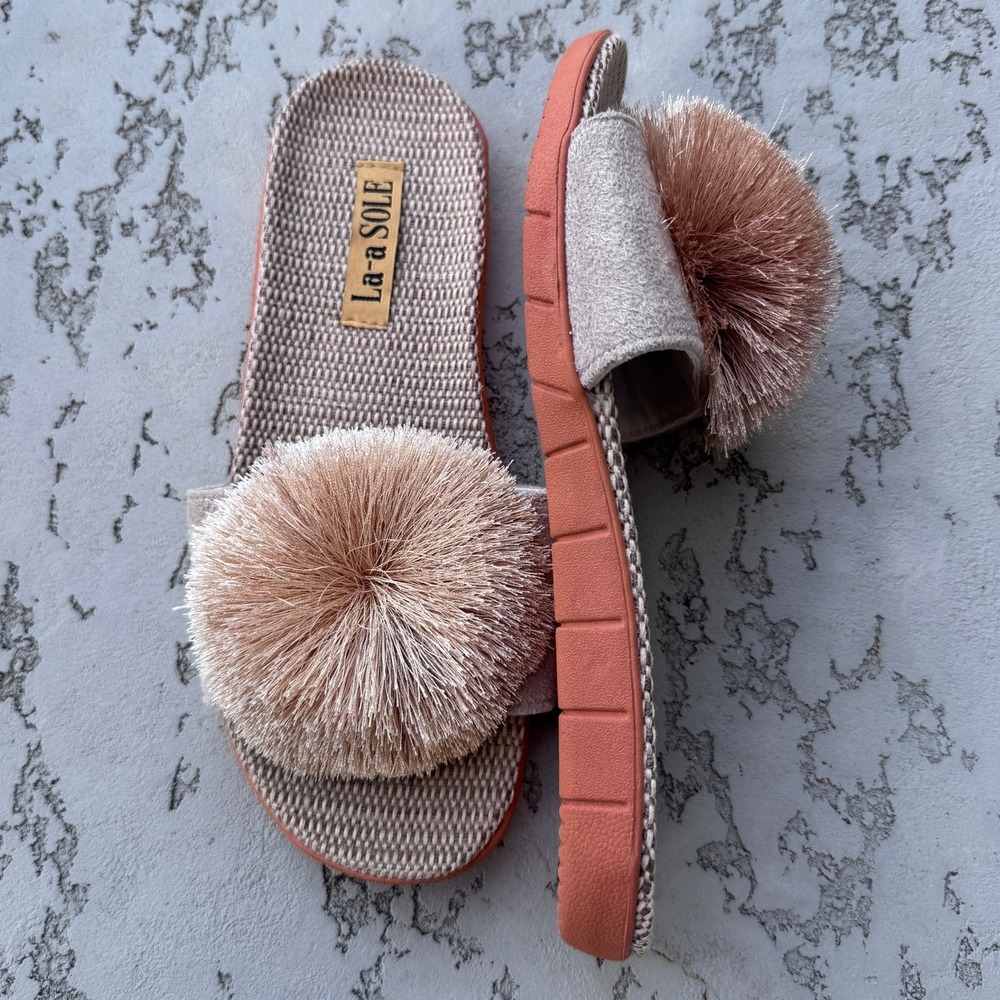 La-a SOLE Womens Pom Pom Slide Sandals Beige Tan Woven Flat Shoes Size 40-41